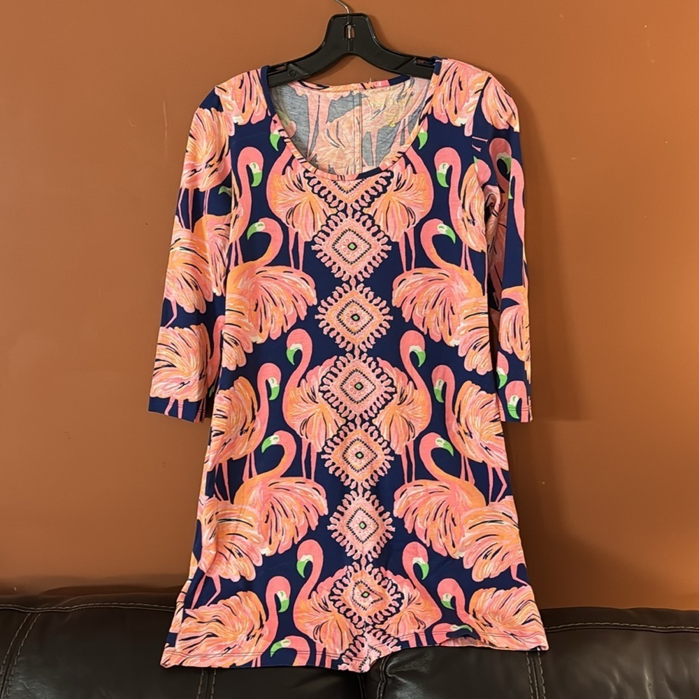 Lilly Pulitzer Cotton Long Sleeve Fitted Dress Navy Pink Flamingos size X-Small